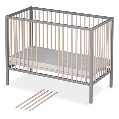 Sämann Babybett Sleepy 60x120 cm mit Matratze - Gitterbett 3-Fach höhenverstellbar inkl. 4 herausnehmbaren Sprossen- Komplett Set - Kinderbett grau/Natur