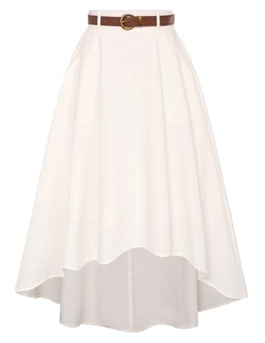 Damen Rock Elegant A Linie High Waist Rock mit Taschen Skirt mit Gürtel Weiß XXL