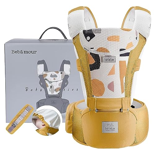 Bebamour Babytrage mit Hüftsitz mit Kopfbedeckung 3 Saugkissen Extender(Baby Carriers Foam Series, Air Yellow)
