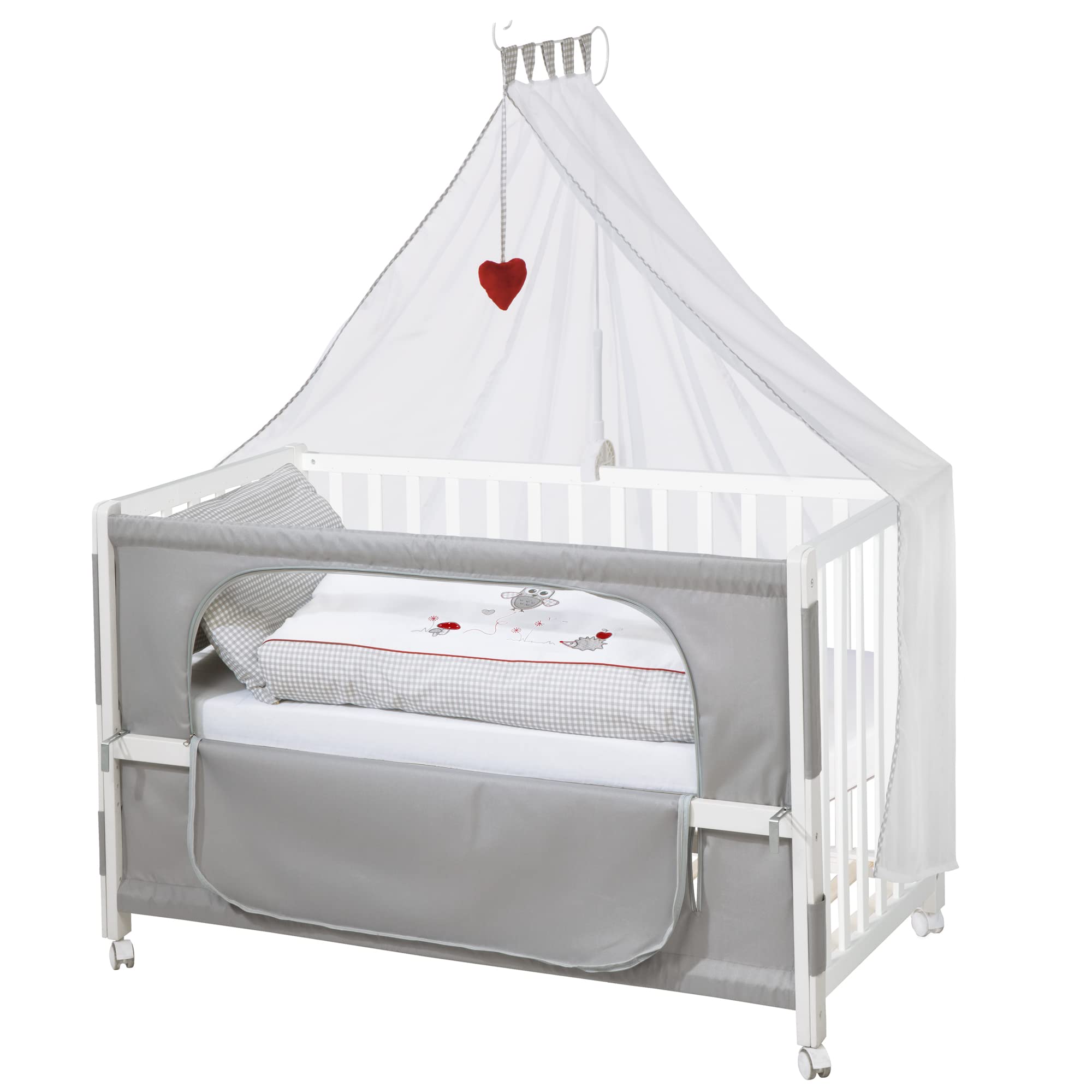 roba Beistellbett 60 x 120 cm - Adam & Eule Room Bed - Babybett zum Anstellen an Elternbett - Inklusive Matratze, Bettwäsche, Himmel - Mobil & Höhenverstellbar - Holz weiß