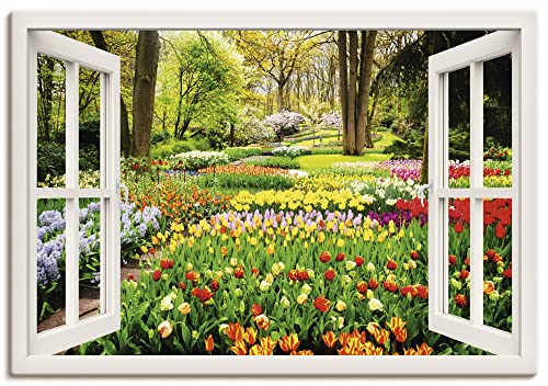Artland Qualitätsbilder I Bild auf Leinwand Leinwandbilder Wandbilder 100 x 70 cm Blumen Gänseblümchen Foto Grün B8DK Fensterblick Schöner Frühlingsgarten mit Gänseblümchen