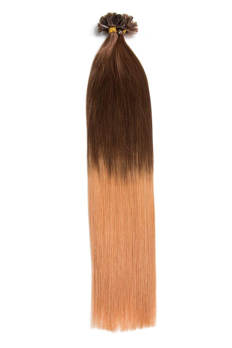 Ombré Bonding Extensions aus 100% Remy Echthaar 200 0,5g 50cm Glatte Strähnen U-Tip als Haarverlängerung und Haarverdichtung in der Farbe #4/27 Schokobraun/Honigblond