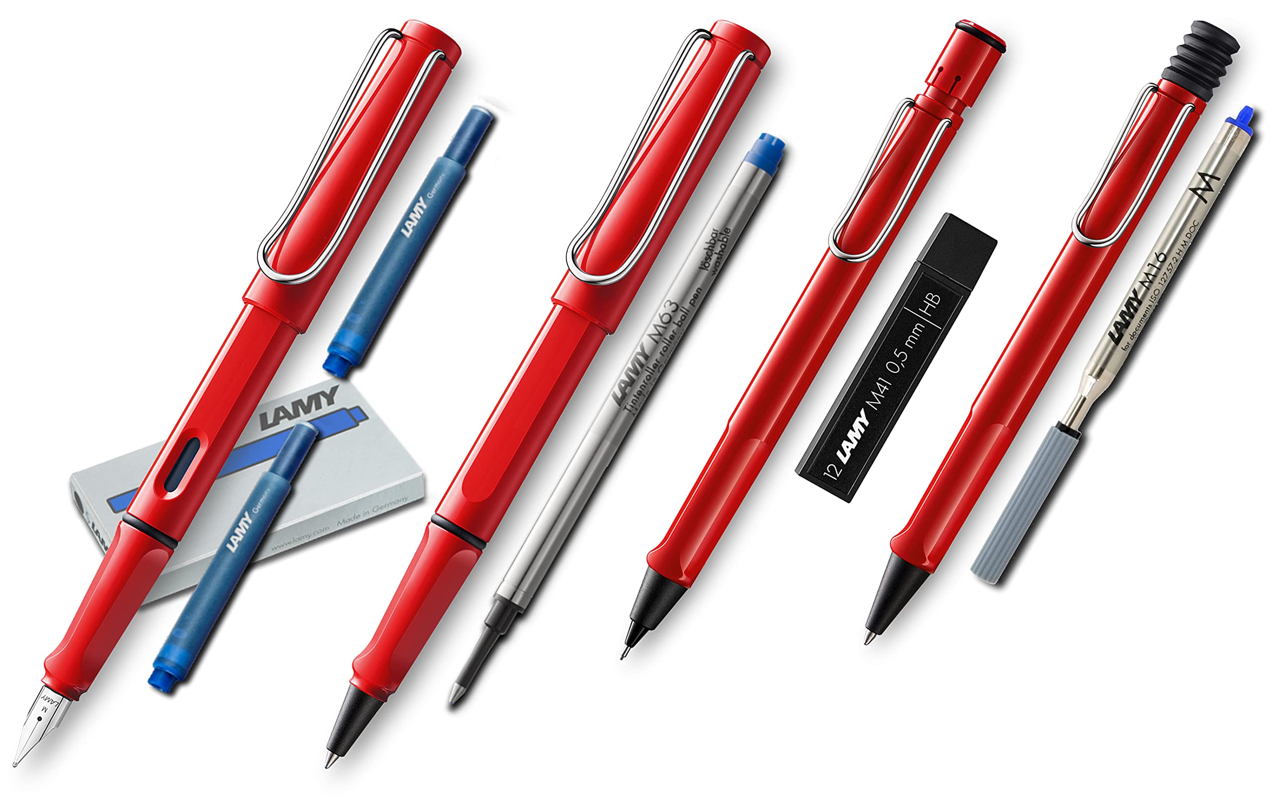 Lamy Safari Set [F?ller + Kugelschreiber + Tintenroller + Bleistift] (inkl. Ersatzminen + Patronen, Rot - Red)