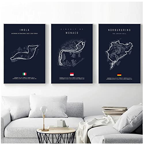 BINGJIACAI Imola Monaco Formel 1 Strecke Karte Leinwand Malerei Nordic Poster Und Drucke Wandkunst Bilder Wohnzimmer Dekor-40x60cmx3 Ungerahmt