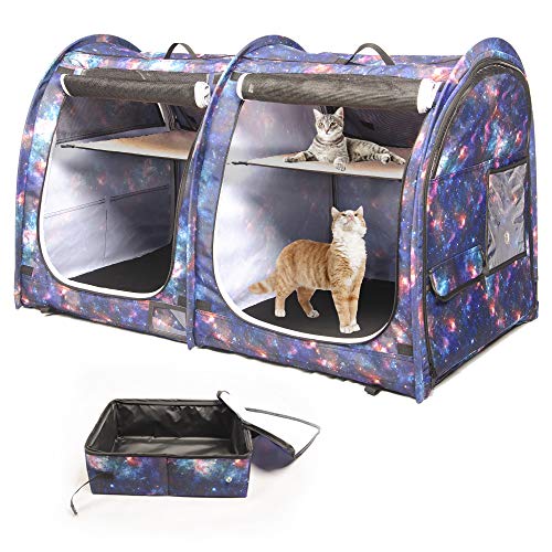Mispace Katzenkäfig, tragbar, mit zwei Fächern, einfach zu falten und transportieren, bequem, für Welpen, Zuhause Hunde, tragbarer Tragetasche/zwei Hängematten/Matten zusammenklappbarer Katzentoilette