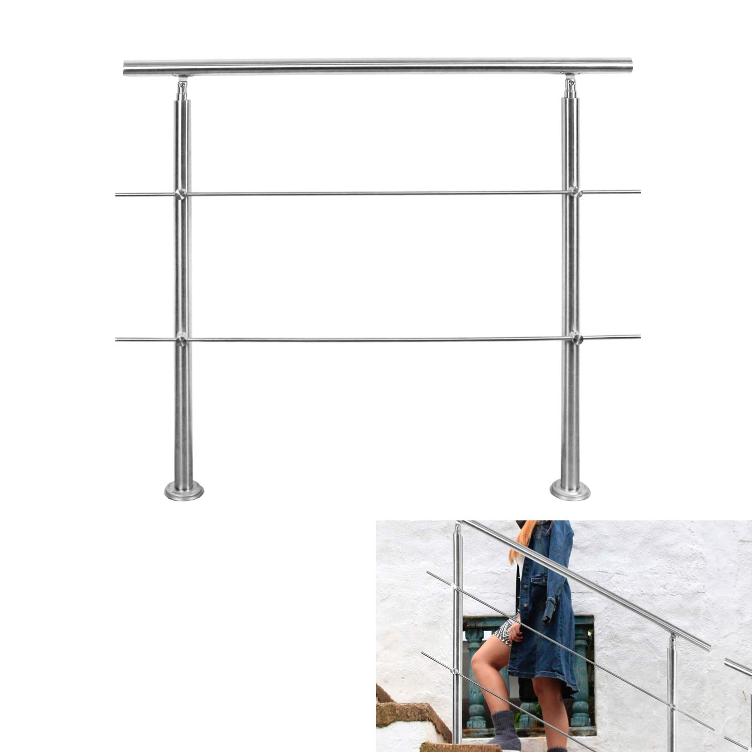 Riossad Edelstahl Handlauf Geländer für Balkon Brüstung Treppen mit/ohne Querstreben (100cm, 2 Querstreben)