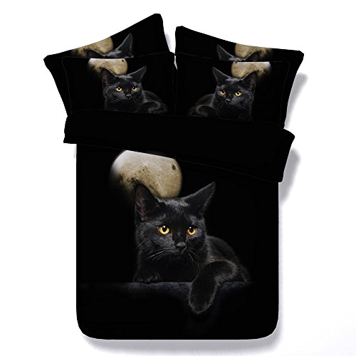 3D Süß Schwarz Katze Bettwäsche Set mit Kissenbezug für Kinder Junge Mädchen, Schwimmen Katze Hund Tier Weiß Hündchen Bettbezug Polyester Maschine Waschbar (Schwarz Katze, EU Single 135x200cm)