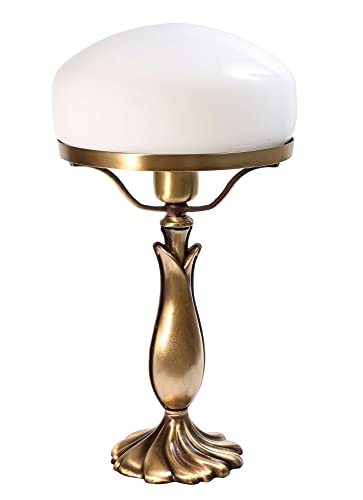 Licht-Erlebnisse Exklusive Tischleuchte Pilzlampe Messing Fuß bronziert Weißer Glas E27 bis 60W Tischlampe im Banker-Stil Pilzleuchte Jugendstil Pils Nachttischlampe Tischlampe