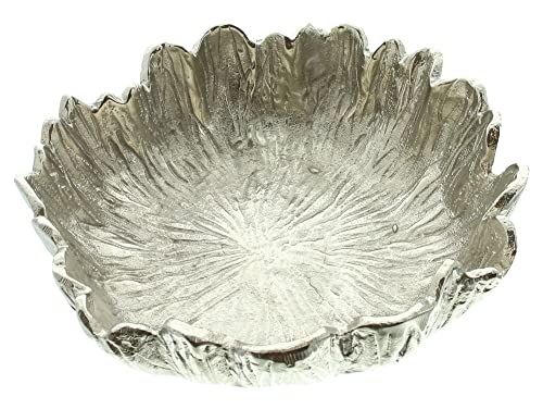 FRANK FLECHTWAREN Schale Blatt, Aluminiumguss, Silber, schimmernder Antik-Look, möbelschonende Kunststoffnoppen, Maße: Ø 25 x 8 cm