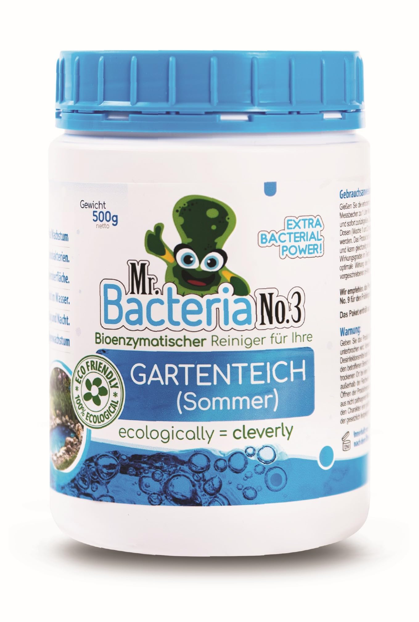 Mr.Bacteria No.3 Gartenteich Reiniger, Teichpflegemittel, Wasserklärer zu klar von grünem Wasser im Gartenteich, Schwimmteich, Fischteich 500g