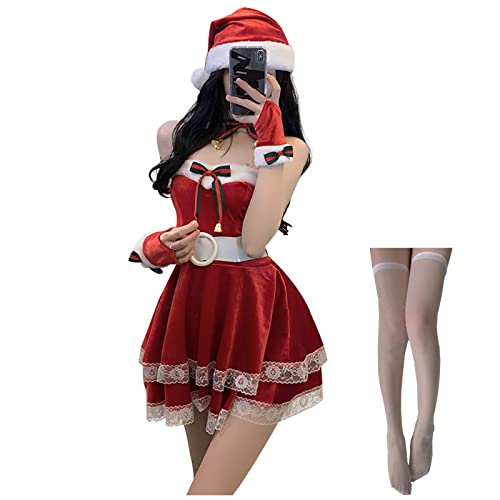 HACA Damen Weihnachtshasen Kostüm, Santa Claus Bunny Sexy Mini Dress Rollenspiel Halloween Cosplay Outfit