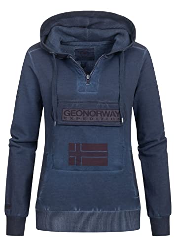 Geographical Norway Damen Hoodie Gymclass Washed Look Chestpocket Half Zip Hoodstrings Patches & Embros, Navy, Gr:L