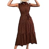 Ausla Damen Kleid Sommer Hohe Taille Stehkragen Schickes, Lässiges Kleid ärmelloses Polka Dot Midi-Länge Partykleid mit Gürtel, Kragenweite 4,5 cm(L-Kaffee)