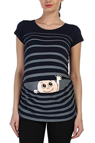 Winke Winke Baby - Lustige witzige süße Umstandsmode gestreiftes Umstandsshirt mit Motiv für die Schwangerschaft Schwangerschaftsshirt, Kurzarm (Schwarz, Medium)