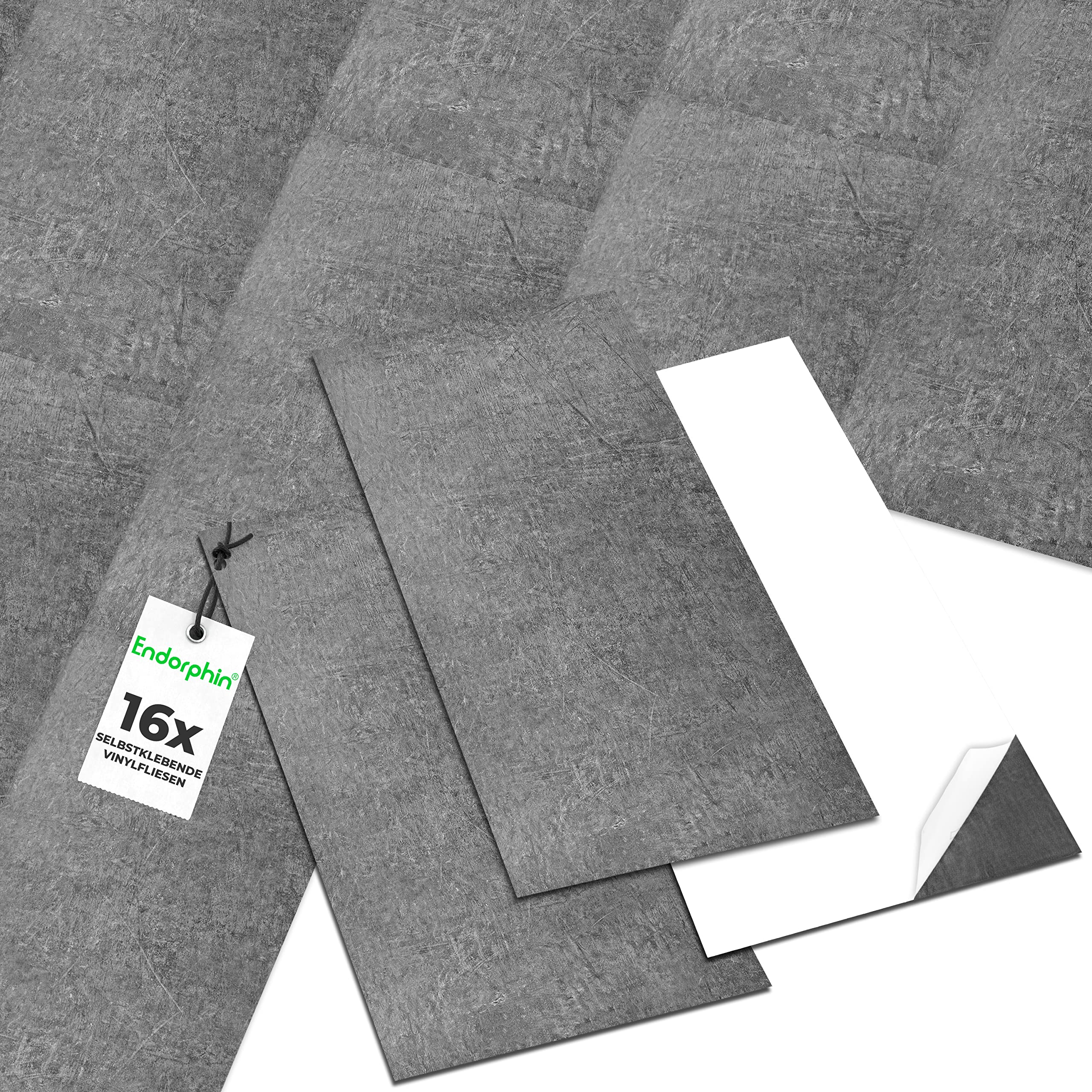 ENDORPHIN® PVC Bodenbelag in Dunkelgrau | Vinylboden mit Betoneffekt | Selbstklebend | aus recyceltem Material | 60,96 x 30,48 x 0,2cm | 16 Stück für circa 2,97qm | Klebefliesen