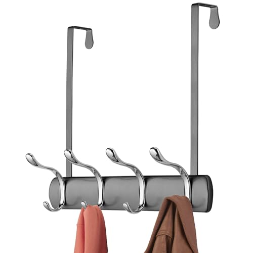 mDesign praktische Türhakenleiste – Hängegarderobe mit 8 Garderobenhaken für Küche, Flur und Bad – Hakenleiste zur Aufbewahrung von Mänteln, Jacken, Schals und Handtüchern – grau/silberfarben