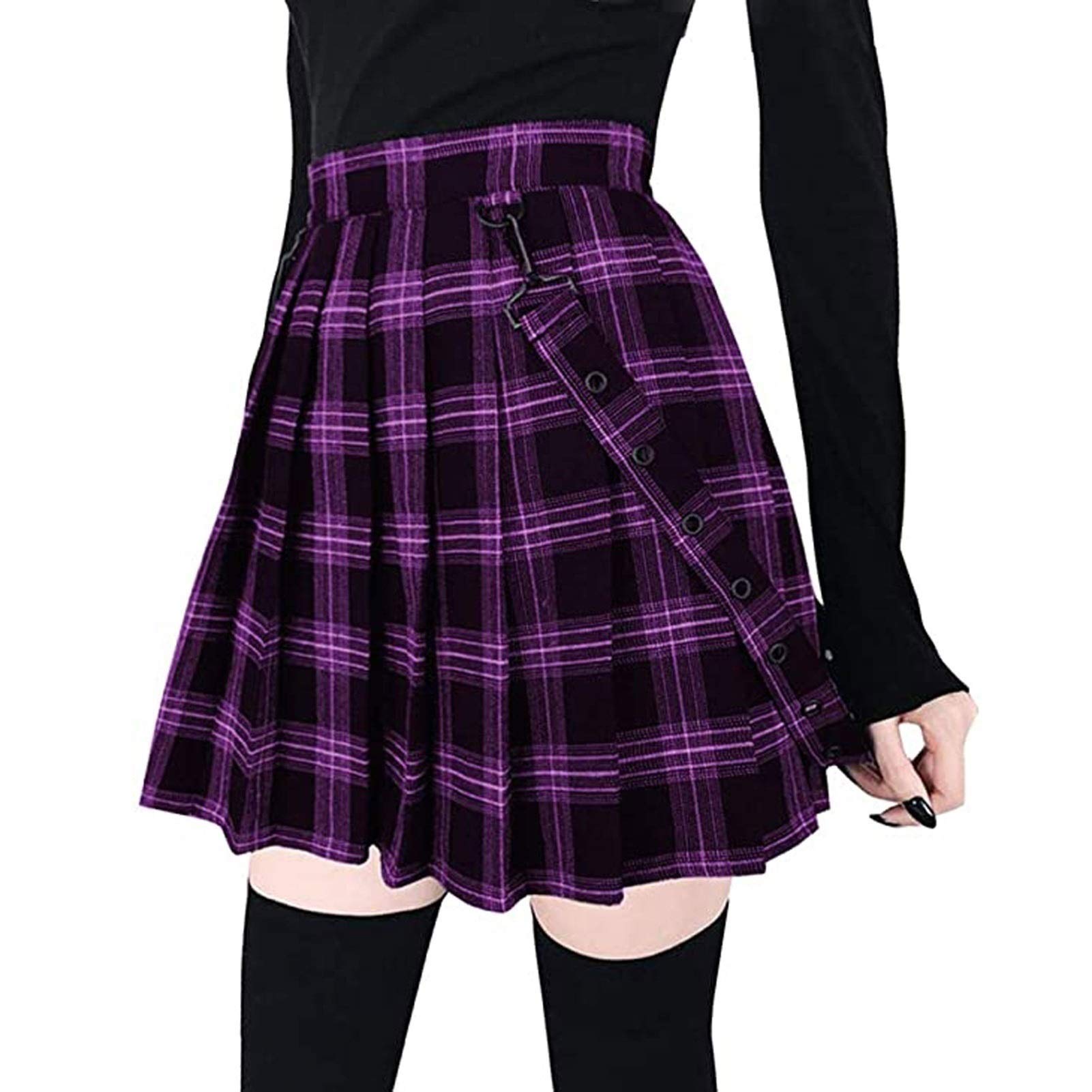 Damen Kilt Rock Kariert Schottischer Kilt Tartan Rot Blau Faltenrock mit Kette Minirock Hohe Taille Kurz Skirt Skater Rock (Color : Purple-B, Size : M)