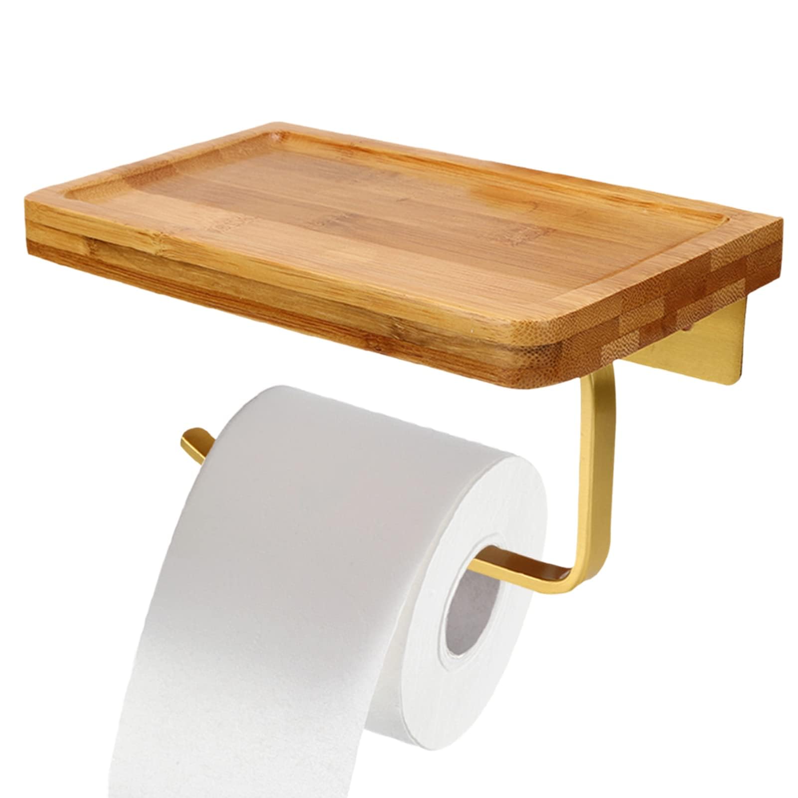 Toilettenpapierhalter, Wandhalter mit dem Ggräumigen Regal,, Holz Gold Toilettenpapierhalter Wand montiert Home Decor Zubehör für Küche und Bad