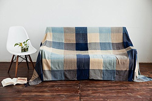 Sofa Bezüge Chenille Jacquard Quasten Überwurf Decke Sofa Stuhl Bezug Mediterraner Stil All Season Decke für Camping, Blue White Grid, 220*260CM