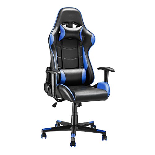 Gaming Stuhl Chair mit Kopfstütze Höhenverstellbarer Racing Bürostuhl Schreibtischstuhl Drehstuhl Ergonomisches Chefsessel (Blau)
