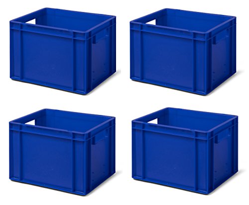 4 Stk. Transport-Stapelkasten TK427-0, blau, 400x300x270 mm (LxBxH), aus PP, Volumen: 23 Liter, Traglast: 40 kg, lebensmittelecht, made in Germany, Industriequalität