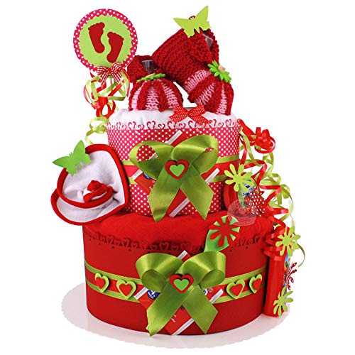 MomsStory - Windeltorte Mädchen | Erdbeer-Motive | Baby-Geschenk zur Geburt Taufe Babyshower | 2 Stöckig (Rot-Grün) mit Baby-Schuhchen Lätzchen Schnuller & mehr