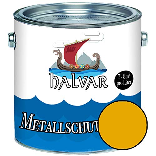 Halvar Metallschutzlack SEIDENMATT Gelb RAL 1000-1037 Metallfarbe besonders robuster Kunstharzlack Wetterbeständig & perfekter Langzeitschutz Metall (2,5 L, RAL 1004 Goldgelb)