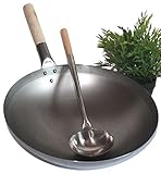 AAF Nommel ®, Wok Set, Pfanne 40 cm Ø runder Boden Carbon Stahl für Gasherd und Induktion Mulde + Wok Kelle Edelstahl 44 cm lang mit Holzgriff