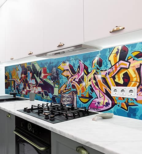 MyMaxxi | selbstklebende Küchenrückwand Folie ohne bohren | Aufkleber Motiv Grafiti 1 | 60cm hoch | adhesive kitchen wall design | Wandtattoo Wandbild Küche | Wand-Deko | Wandgestaltung