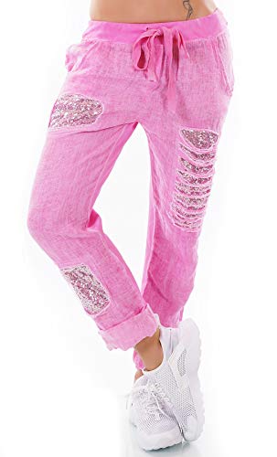 xy Damen Italien Hose Leinen Jogpants Mix Baggy Boyfriend Fetzen Pailletten 36-40 One Size (pink)