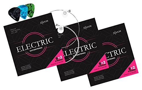 Shaman Electric Saiten für E-Gitarre inkl. 2 Ersatzsaiten und 3 Plektren 3x Set