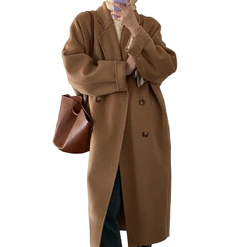 Saterkali Einfarbig Frauen Mantel Frauen Mitte der Wade Länge Wolle Zweireiher Business-Stil Trench mit Revers Kragen Seitentaschen Verdicktes Material für Khaki 2XL