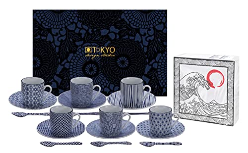 TOKYO design studio Nippon Blue Espresso-Set blau-weiß, 18-TLG, 6X Espresso-Tassen mit Untertassen und Löffeln, asiatisches Porzellan, Japanisches Design, inkl. Geschenk-Verpackung