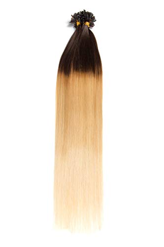 Ombré Keratin Bonding Extensions aus 100% Remy Echthaar/Human Hair 300 0,5g 50cm Glatte Strähnen - U-Tip als Haarverlängerung und Haarverdichtung - Farbe: #1b/613 Schwarbraun/Hellichtblond