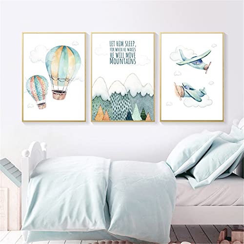 3pcs Design-Poster Set Kinderzimmer Deko Flugzeug Heißluftballon Aquarell Bilder Wandbilder für Jungen Mädchen Schlafzimmer Wanddeko, Ohne Rahmen (50x70cm (BxH))