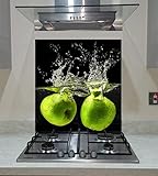 Va Art Glass Rückwand aus gehärtetem Glas, Küche mit grünen Äpfeln auf schwarzem Hintergrund, jede Größe (B x H): 90 x 70 cm