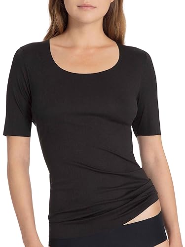 CALIDA Damen Unterhemd Natural Luxe, schwarz, Shirt aus Modal und Elastan, kurzarm wirkt temperaturregulierend, Größe: 32/34