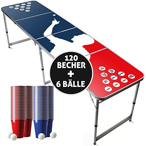 Offizieller Player Beer Pong Tisch Set | Beer Pong Full Pack | Inkl. 1 Beer Pong Tisch + 120 Becher 53cl (60 Rot & 60 Blau) + 6 Ping-Pong-Bälle | Premium Qualität | Partyspiele | Trinkspiele