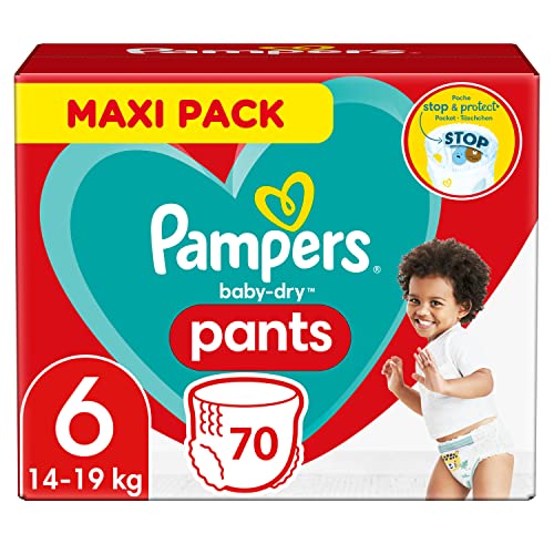 Pampers Windeln Pants Größe 6 (14-19kg) Baby-Dry, Extra Large, 70 Höschenwindeln, MAXI PACK, mit Stop- und Schutz Täschchen