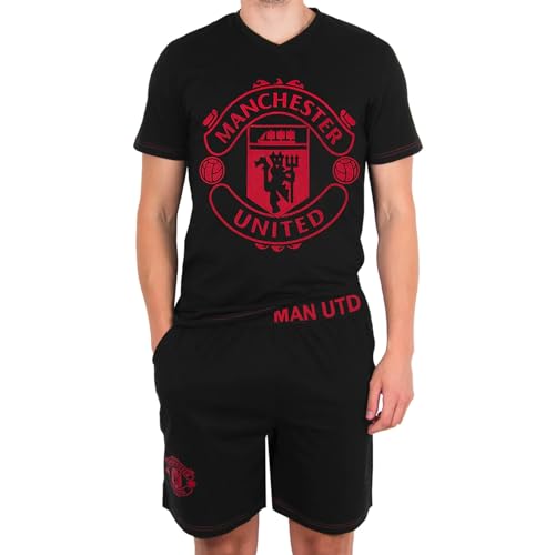 Manchester United Herren-Schlafanzug, kurz, Loungewear, offizielles Fußballgeschenk, Schwarzes Wappen, M