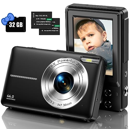 Digitalkamera, 1080P Kinderkamera mit 32GB Karte FHD 44MP Vlogging Kamera mit LCD-Bildschirm 16x Zoom Kompakte Tragbare Mini Wiederaufladbare Kamera für Studenten Teenager Mädchen Jungen-Schwarz