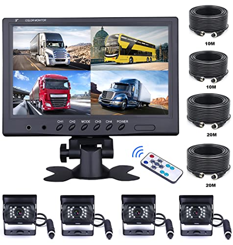 OiLiehu 9 Zoll Auto RüCkfahrkamera Set mit 4 Geteilten Monitor Vorderansicht View, 4 X Kabelge Auto Kamera 18 IR-Nachtsicht, Mit 2 X 10m Und 2 X 20m Kabeln FüR LKW, Wohnmobile, AnhäNger, Bus