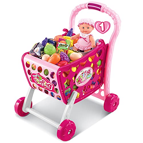 TikTakToo Kinder Einkaufswagen Spielset Gefüllt mit 38 Kunststofflebensmitteln Spielzeug für Jungen und Mädchen (pink/rosa)