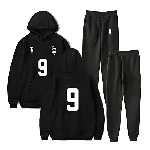 Qian Qian Unisex Haikyuu Hoodie und Hose Karasuno Hinata Shoyo Cosplay Kostüm Kapuzenpullover Sportanzug Sweatshirt Sporthosen 2 Stück Sets (L, Schwarz 9)