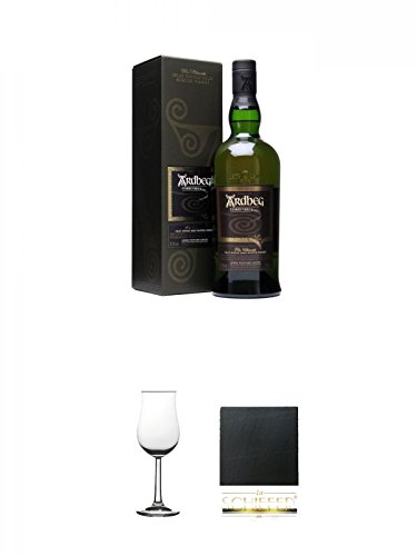 Ardbeg Corryvreckan Islay Single Malt Whisky 0,7 Liter + Whisky Nosing Gläser Kelchglas Bugatti mit Eichstrich 2cl und 4cl 1 Stück + Schiefer Glasuntersetzer eckig ca. 9,5 cm Durchmesser