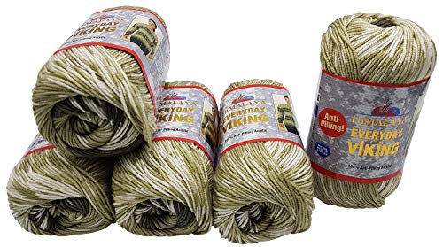 5 x 100 Gramm Everyday Viking Antipilling Wolle mit Farbverlauf, 500 Gramm Strickwolle mit Anti-Pilling Effekt Mehrfarbig, Norwegermuster (oliv grün weiss 70507)