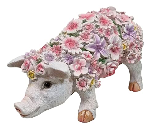 Fachhandel Plus Dekofigur Schweinchen stehend mit Blumen lustige Gartendeko Ferkel Tierfigur