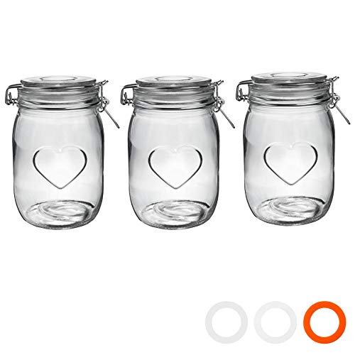 Nicola Spring-Herz-Glas Vorratsgläser mit Airtight Clip Deckel - 1 Liter Set - Clear Seal - 3er Pack