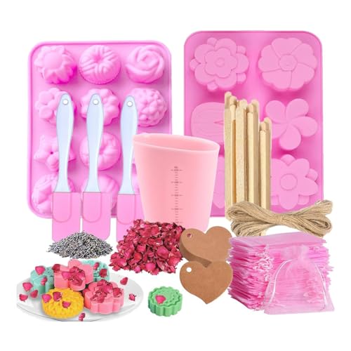 CYBUCH DIY Seifenherstellungsset: Seifenform, Messbecher, Organza-Beutel, Holzrührstab, Getrocknete Blumen zum Basteln (Pink)