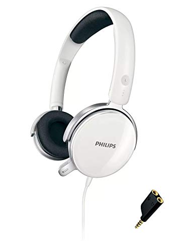 Philips Audio PC-Headset mit Mikrofon für Konferenzanrufe, Zoom, Skype, Google Meet, Inline-Stummschaltung und Lautstärkeregler, 40 mm Treiber mit extra Bass 3,5 mm mit 2-1 Adapter (SHM7110U), Weiß